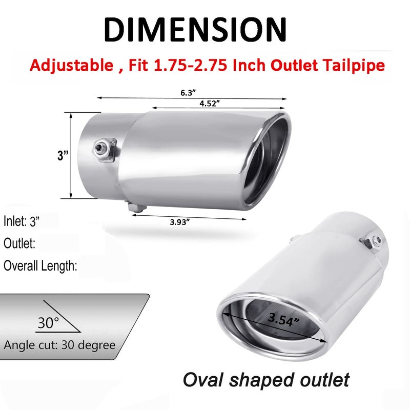 Dsycar Adjustable 1.75-2.75 Inch Inlet Exhaust Tips, 3.5" Oval Outlet, Stainless Steel Exhaust Pipe Tips for 1.75"/2"/2.25"/2.5"/2.75" Outside Diameter Tailpipe (Large Straight) - Image 2